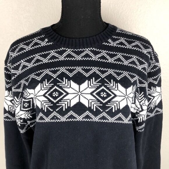 Weatherproof Blue Fair Isle Navy Sweater Cotton Crewneck White Snowflake Design - Picture 5 of 10